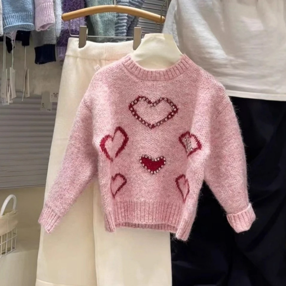 Girls' Fashionable Sweater Sweet Soft Heart Studded Diamond Autumn Outfit Versatile Thick and Warm Round Neck Pullover Sweater