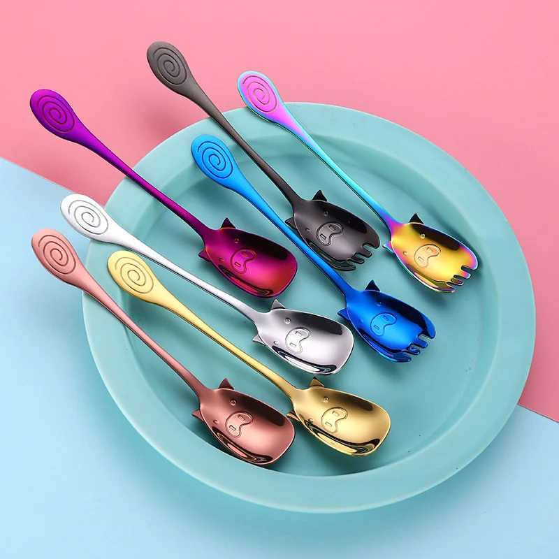 

50PCS- 304 Stainless Steel Children's Tableware Cute Piglet Creative Cartoon Anti Scald Spoon Household Spoon Fork Two-piece Set
