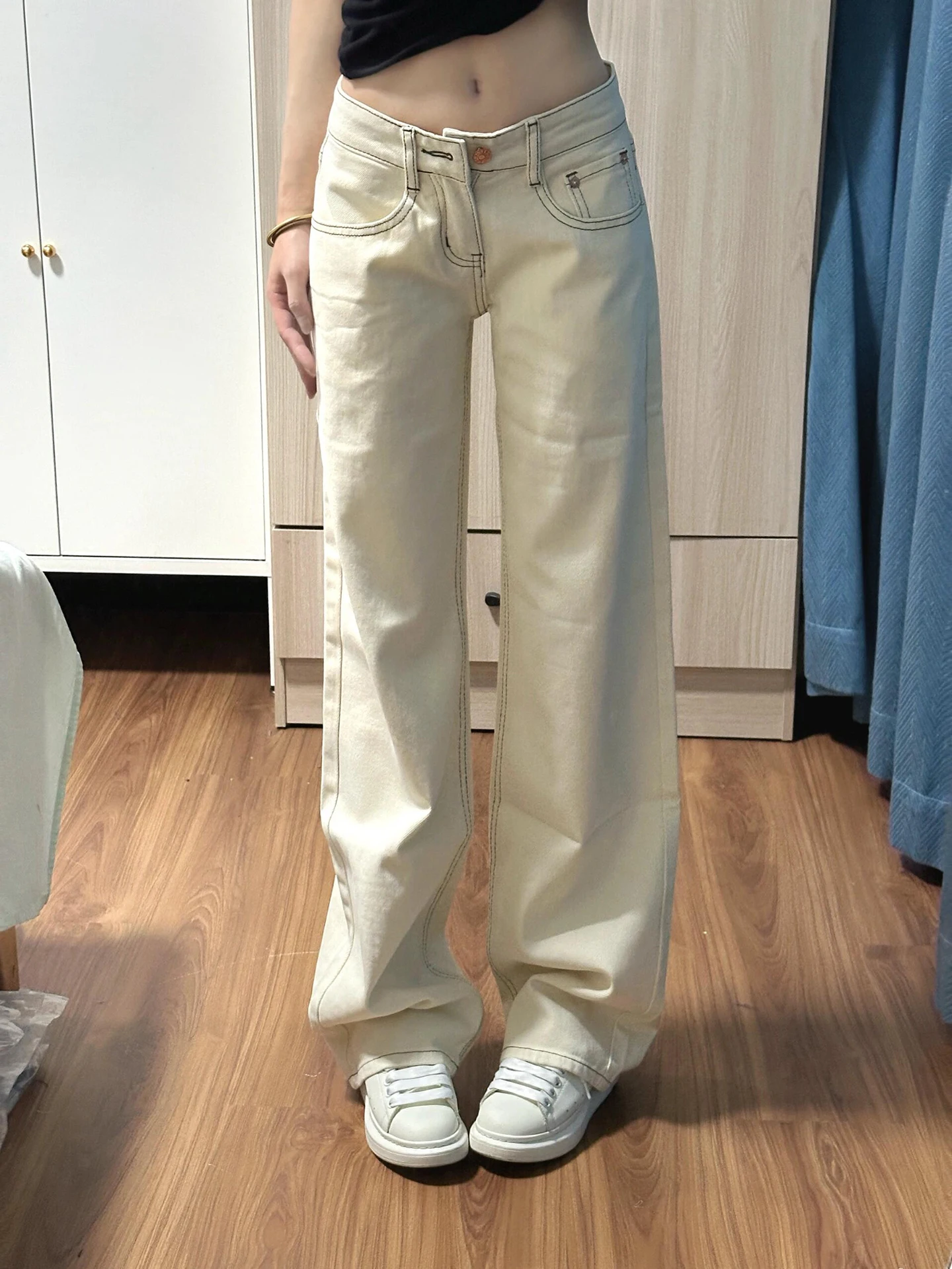 

Cinnamon Color Extended Length Bell Bot Jeans Women Slimming Low Waist Design Straight Leg Jeans Retro Sle Commute Wear