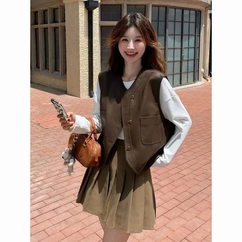 

Короткая кожаная куртка-жилет для женщин, весна-осень, суперпопулярная, в европейском ретро-стиле