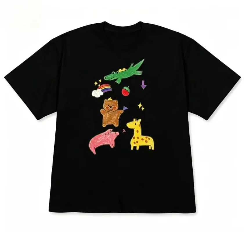 Unisex Hand Drawn Zoo Animal Crayon Graphic T Shirt Cute Cartoon Bear Giraffe Elephant Print Casual Short Sleeve Summer Tee