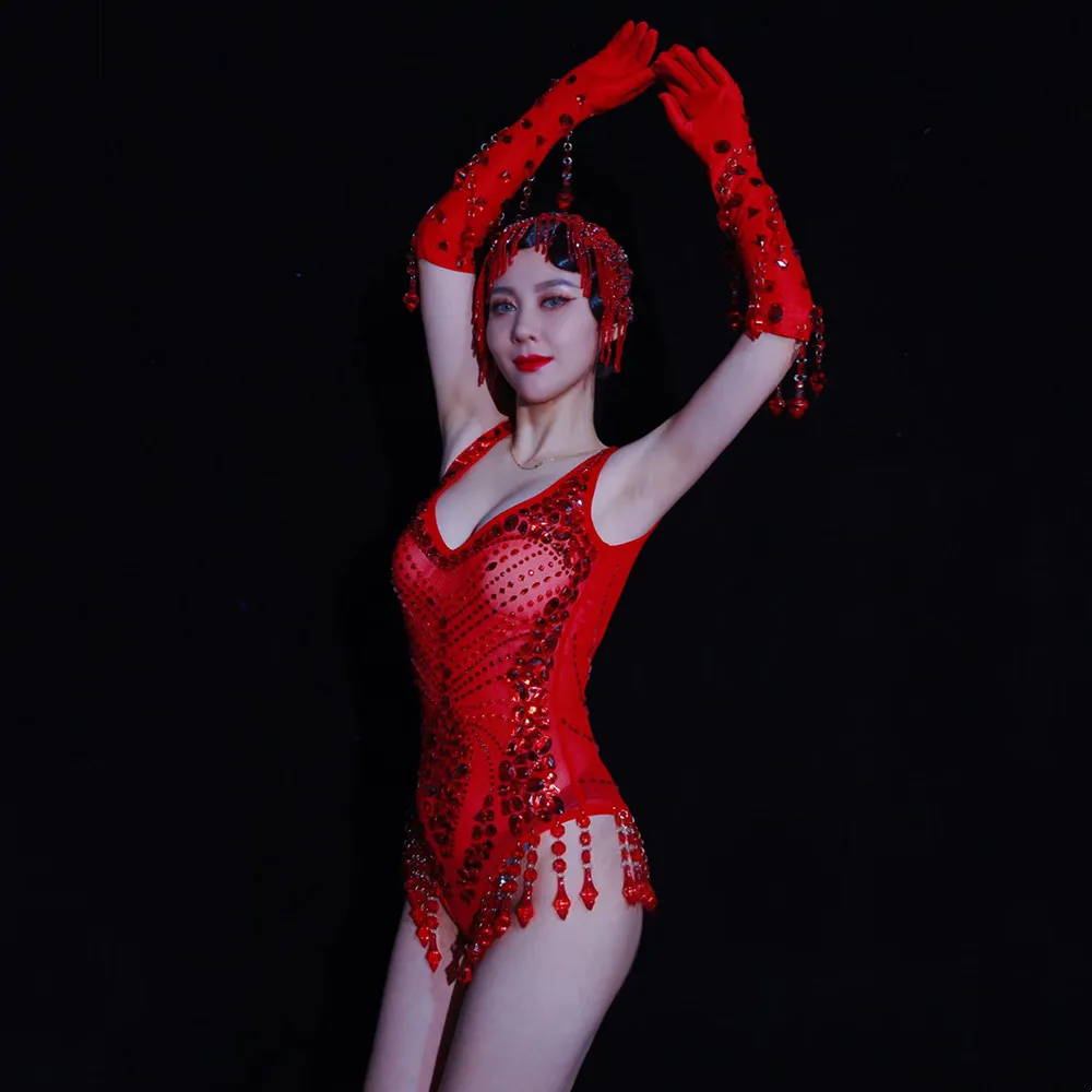 

Vintage Red Rhinestones Fringe Bodysuit Beaded Headgear Gloves Stage Wear Nightclub Bar Sexy Gogo Dancer Show Pole Dance Costume