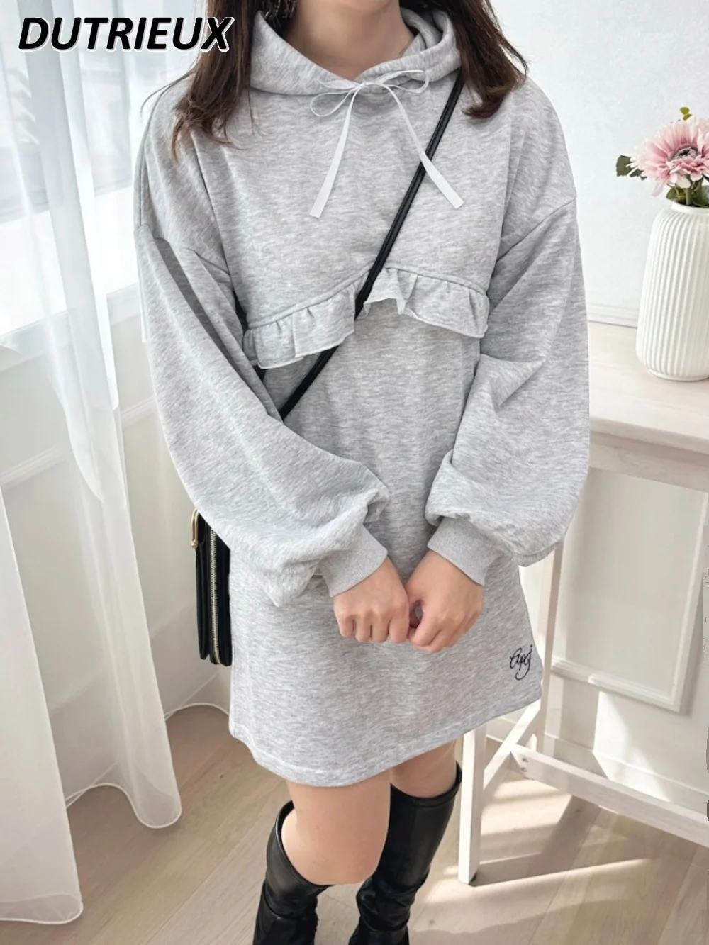 Japanese Style Girl Age-Reducing Ruffled Decorative Mid-length Pullover Embroidered Letters Hooded Long Sleeve Sweatshirt Dress