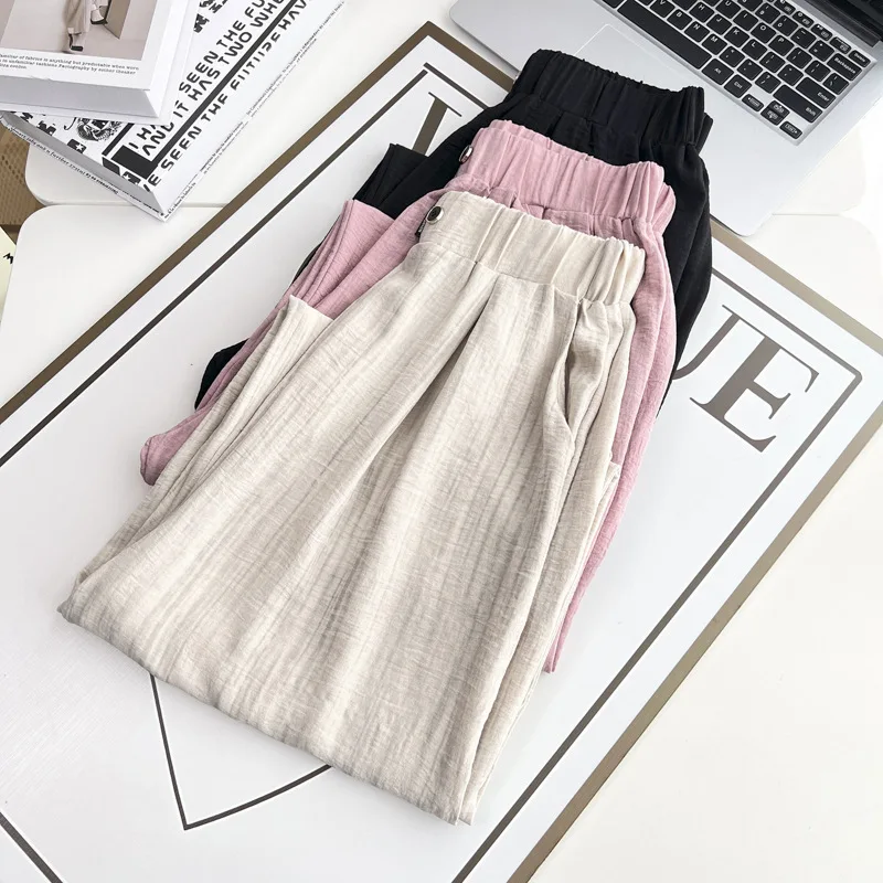 100 كجم حجم كبير الصيف جديد رقيقة مستقيم بنطلون عادية الحرير الجليد واسعة الساق السراويل الطويلة للنساء 8583