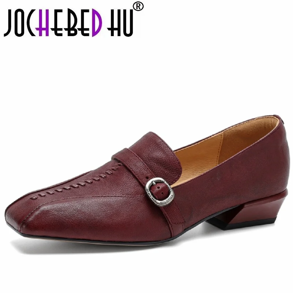 JOCHEBED HUWomen Handmade Genuine Leather Soft and comfortable Mid Heel Slip-On Commuter Metal Buckle 34-40