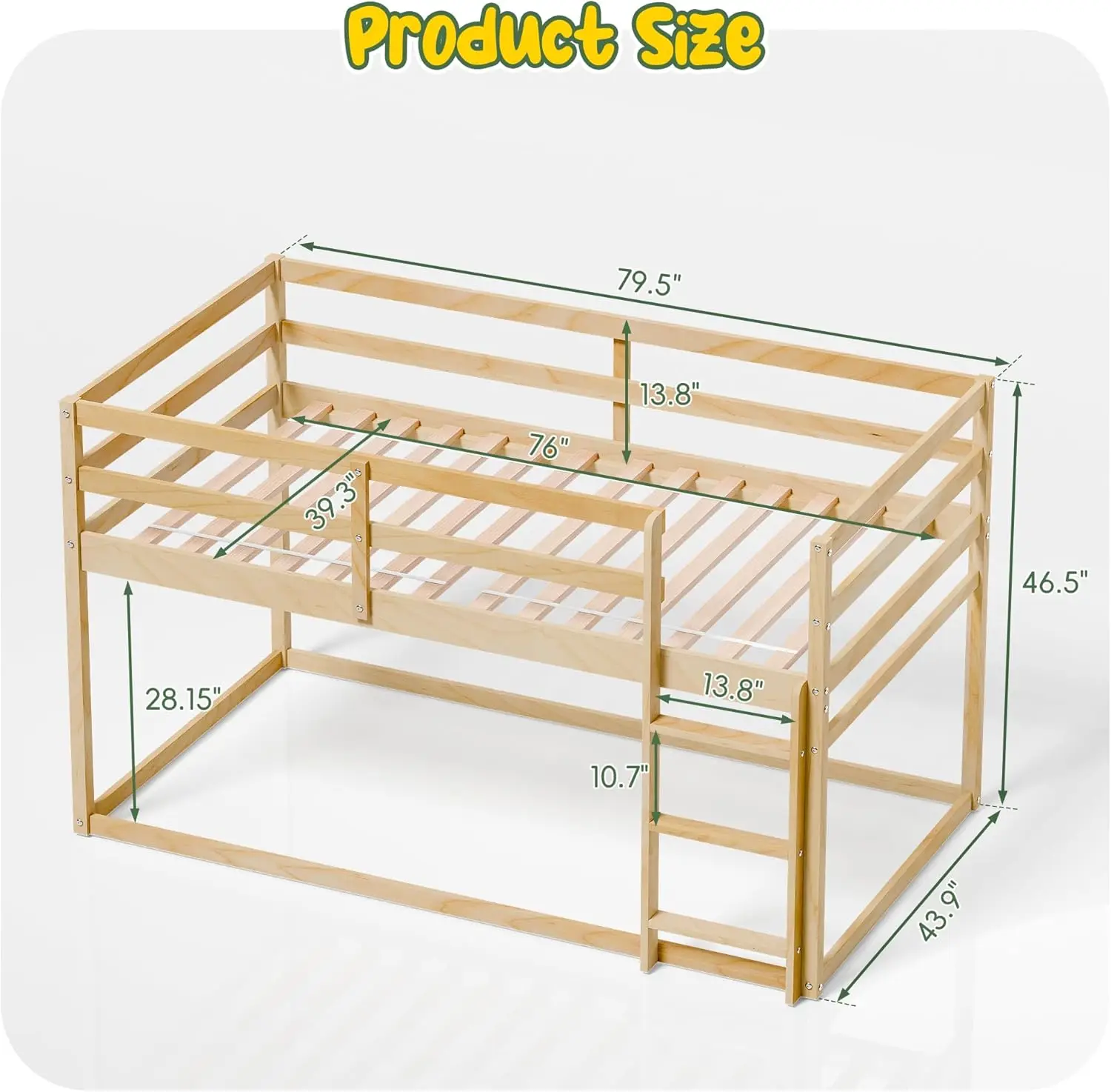 سرير بطابقين منخفض للأطفال، إطار خشبي مزدوج مع درابزين، طبيعي