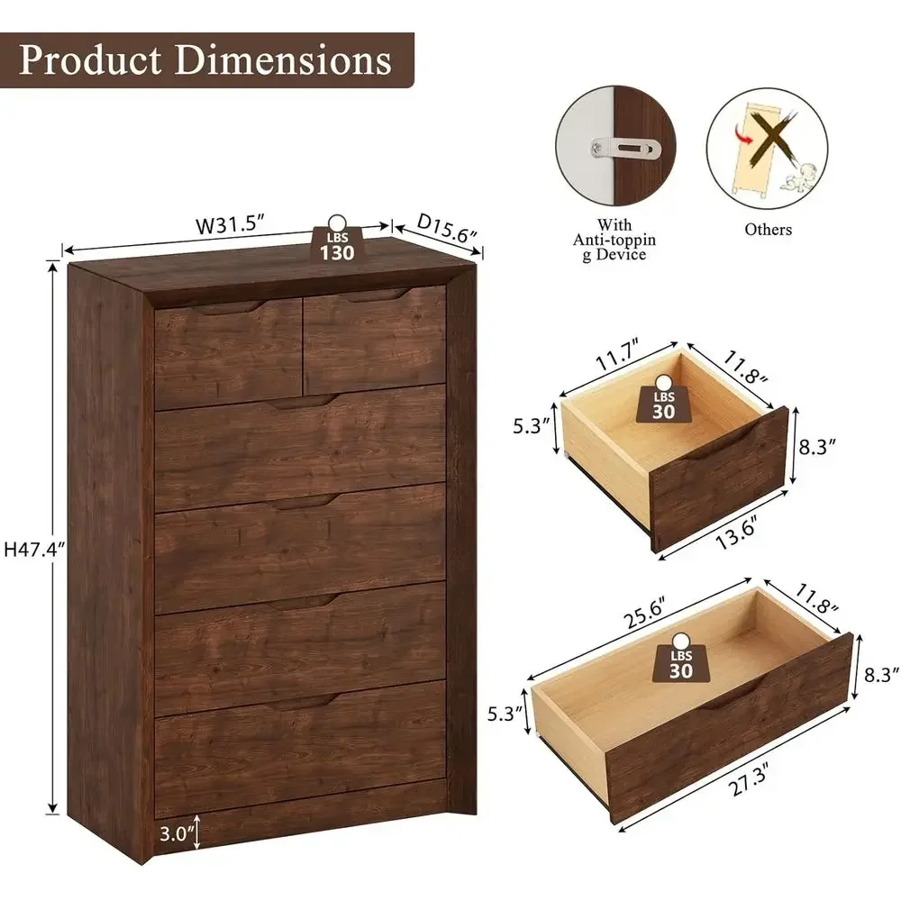6 Drawer Dresser, 47.4 Tall, Unique Panel Design, Thickened Edges, Century Style Furniture for Living Room, Hallway