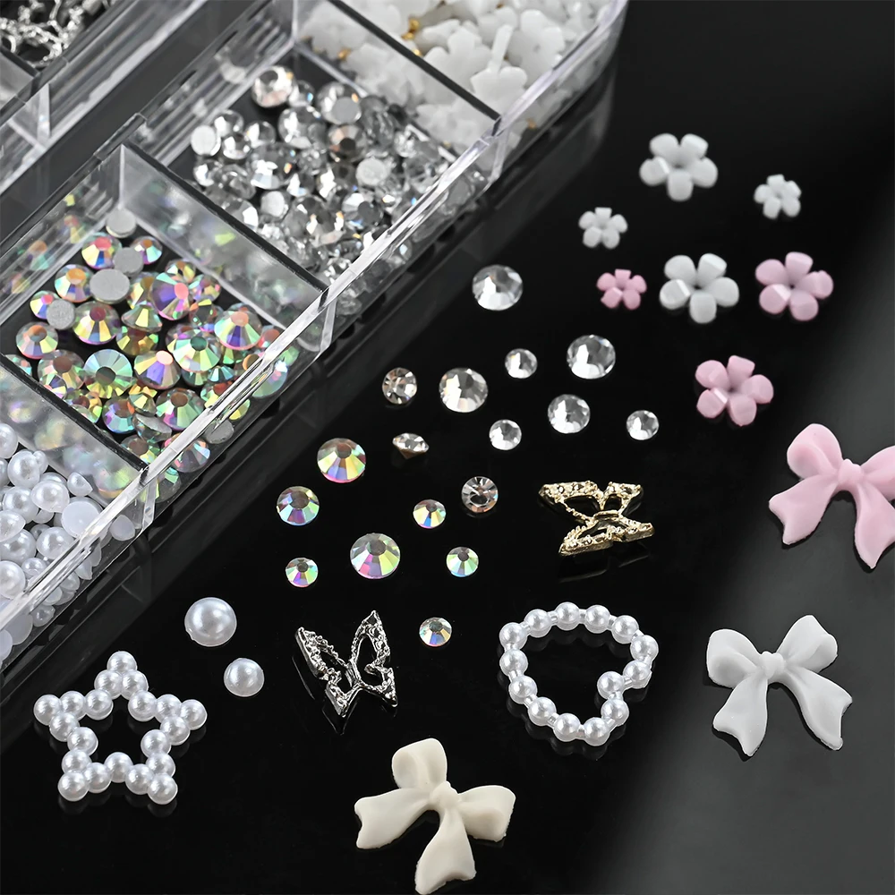 12 Grids Rosa Gemischte Harz Bogen Blume Perle Herz Nagel Charms Legierung Hohl Schmetterling Strass Nagel Dekorationen Maniküre Schmuck
