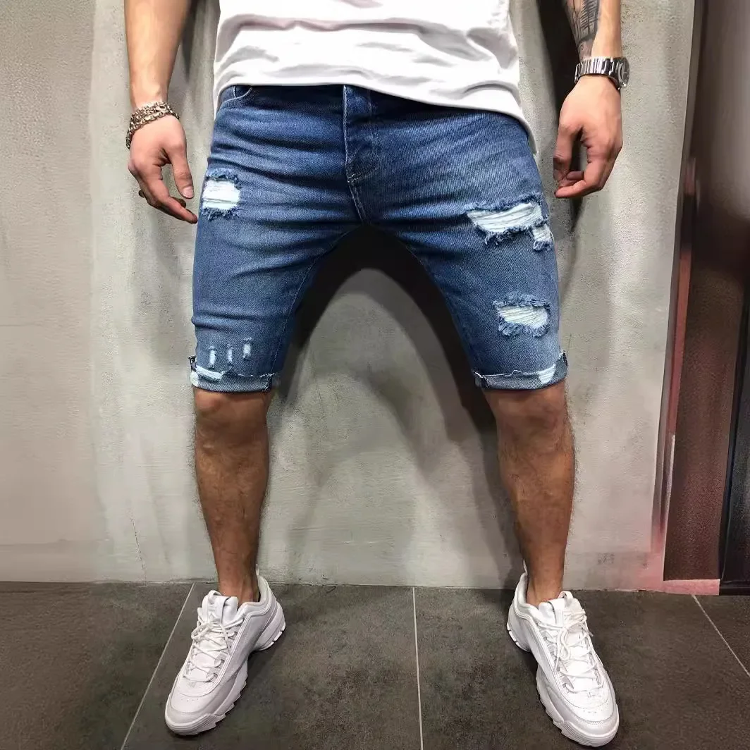 

Summer Ripped Jeans Skinny Denim Shorts for Men with Distressed Ripped Cat Whiskers Hip Hop Streetwear Short Pants Men's Pants