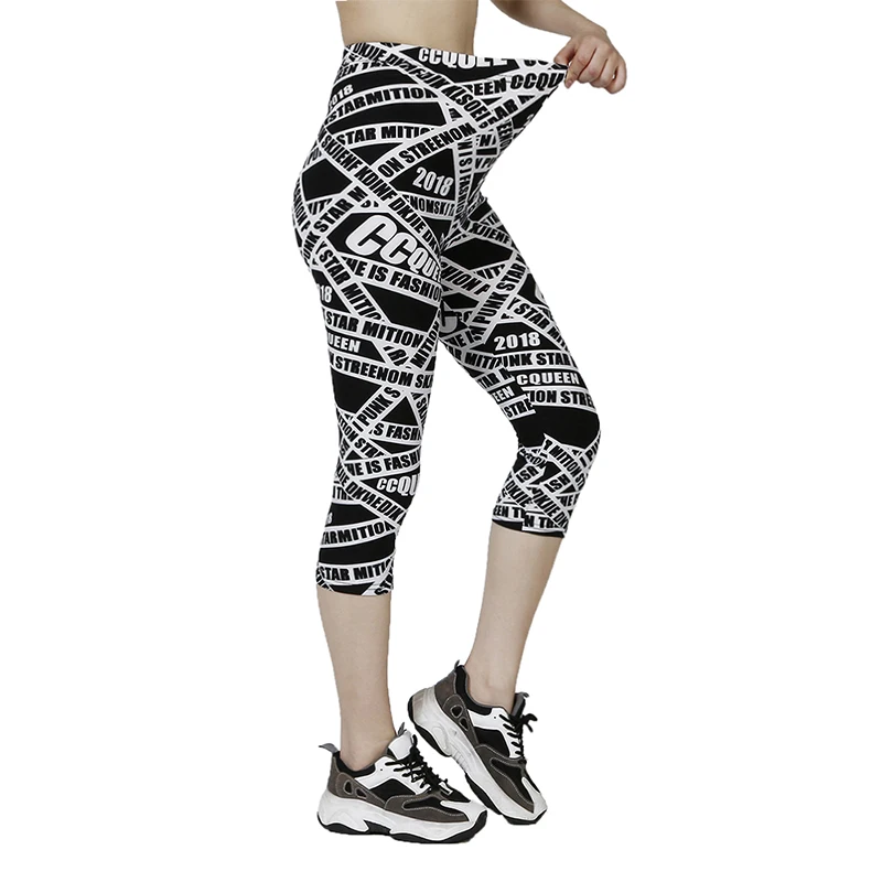 QR51 Women\'s Cropped Pants, Sports and Fitness, WOMEN\'S Clothing, Summer Leggings, Black and White Letter Printed Tight Pants