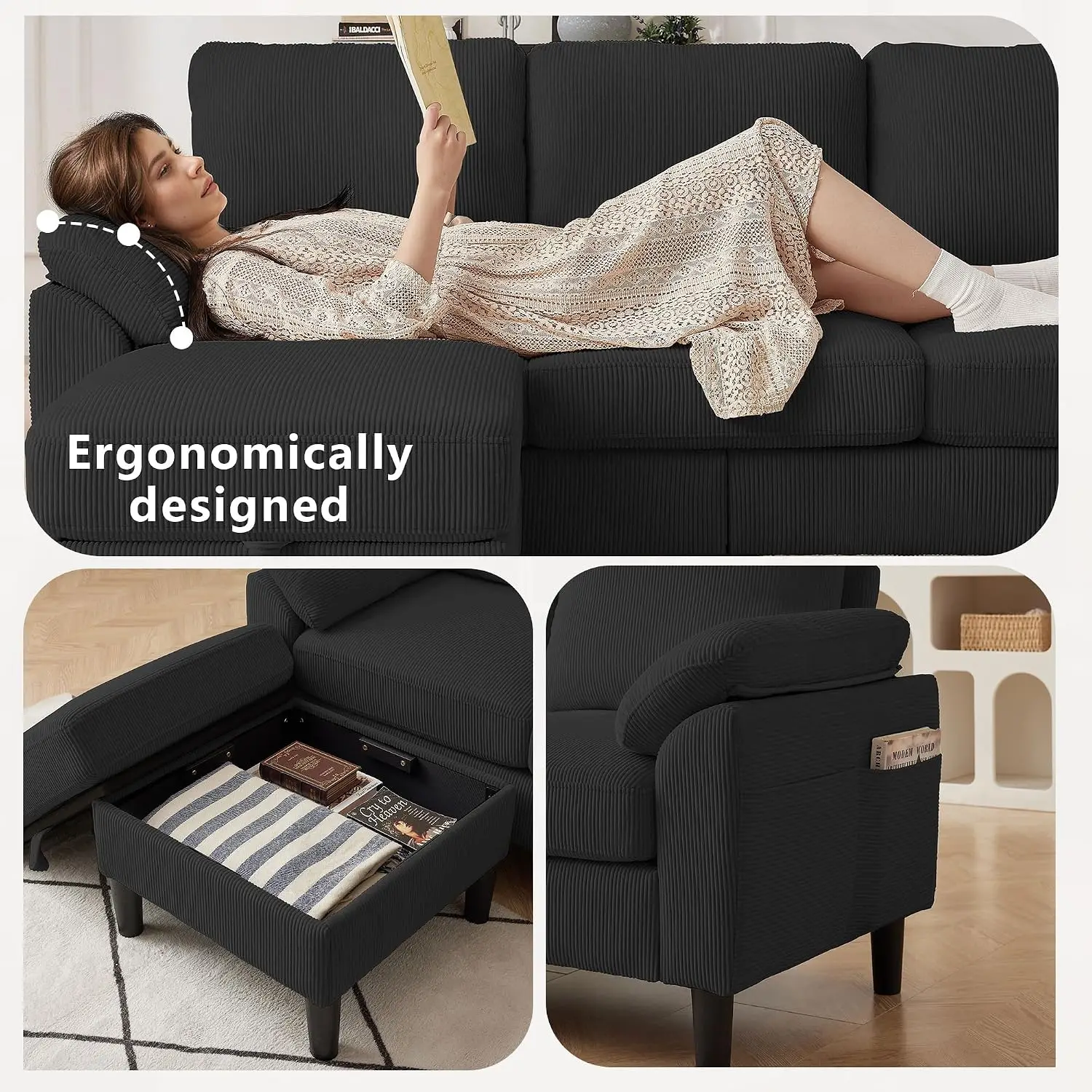 80''L Corduroy Sectional Sofa with Storage Ottoman, Washable Covers, Side Pockets, 3-Seater Living Room Couch, Customized