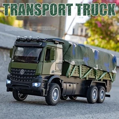 1/35 Toy Model Car Military Transport Alloy Truck Simulation Metal With Sound And Light Pull Back Kids Toys Boy Gifts Collection