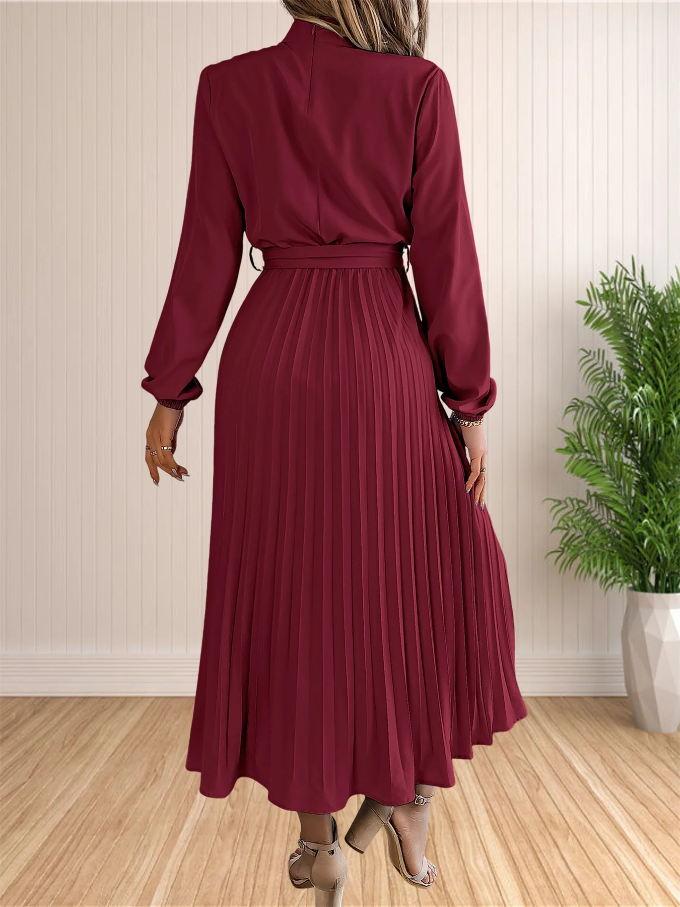 Women's Long Dresses Summer Elegant Pleated Long Sleeveed Lace Up Dresses Beach Boho Wrap Ruffle Hem Swing Sundress