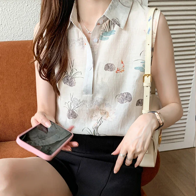 Summer Print women blouse Slim Sleeveless Womens Tops Polo-Neck Floral Button Women\'s Clothing Fashion Chiffon Blouses for Women