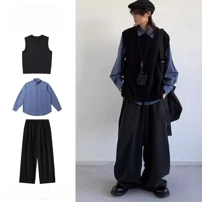 

Черный вязаный жилет, мужской комплект футболок с разрезом по бокам, ретро японский Sle College Faion, длинный жилет из полиэфирного волокна