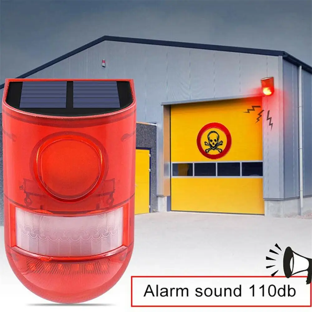 New Solar Infrared Motion Sensor Alarm With 110db Siren Strobe Light For Home Garden Carage Shed Carvan Security Alarm System