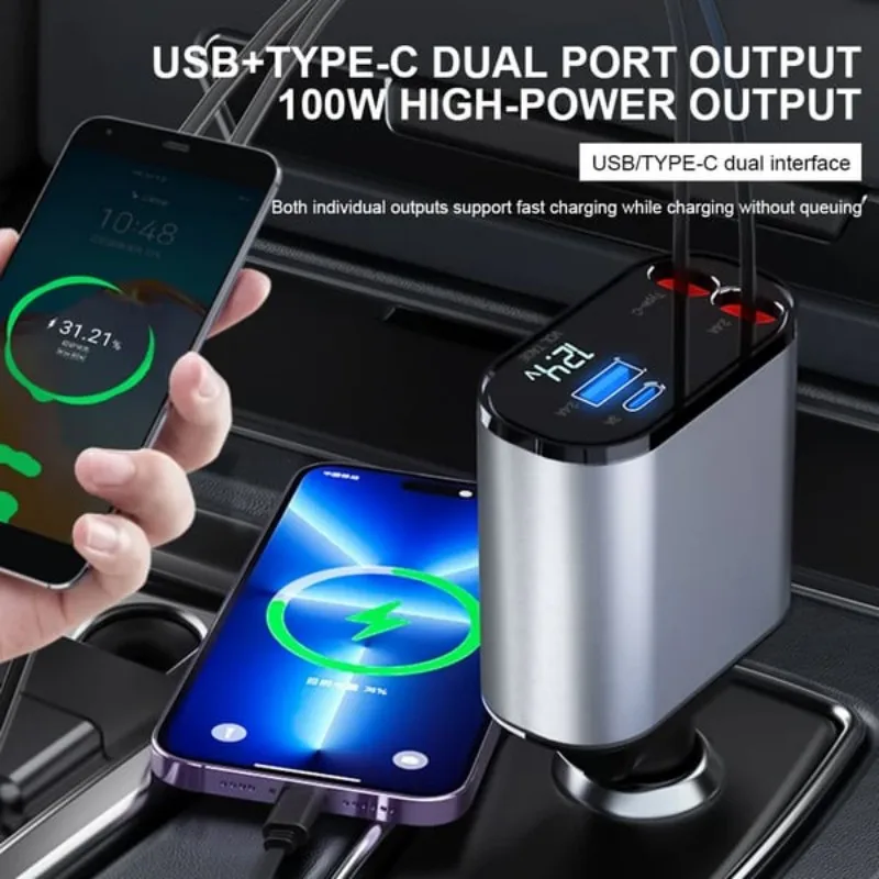 100w 4 IN 1 Retractable Car Charger USB Type C Cable For IPhone Huawei Samsung Fast Charge Cord Cigarette Lighter Adapter