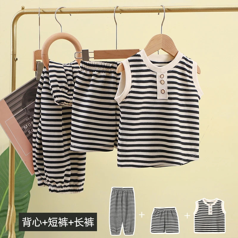 New sleeveless striped girls' suit, fashionable and stylish summer vestTKorean-style children's three-piece set
