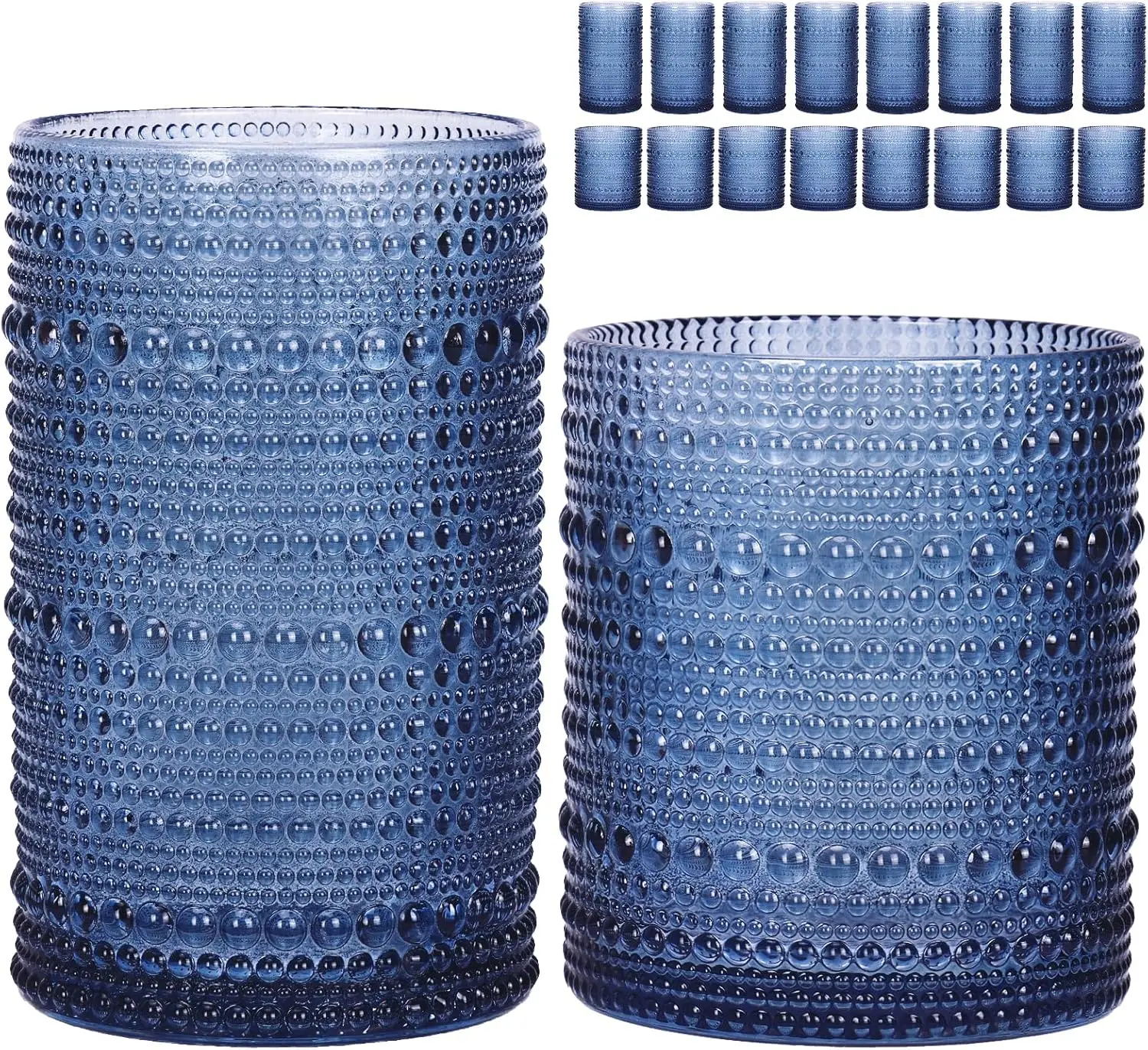 

Set of 16 Blue Vintage Hobnail Drinking Glasses, 12 Oz Highball & 10 Oz Cocktail, Clear Embossed Glassware for Beverages