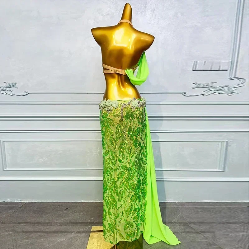 Vrouwen Aangepaste Senior AB Stenen Gedrukt Chiffon Set Oosterse Buikdansen Professionele Prestaties Outfit Buikdans Kostuum