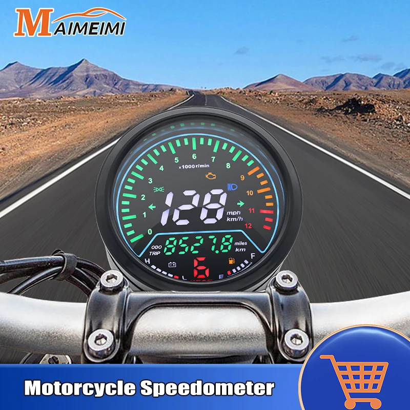 12V Motorcycle Speedometer Instruments Odometer Tachometer Meter Fuel Level Meter Indicator LED Round 12000rpm Low Voltage Alarm