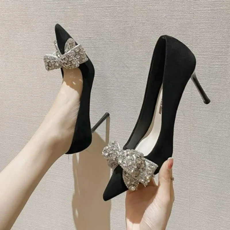 

New Black Women's Rhinestone Bowknot Pumps Sexy Strappy Rhinestone Open Toe Shoes High Heels Shoes Fashion Work Dress Shoes