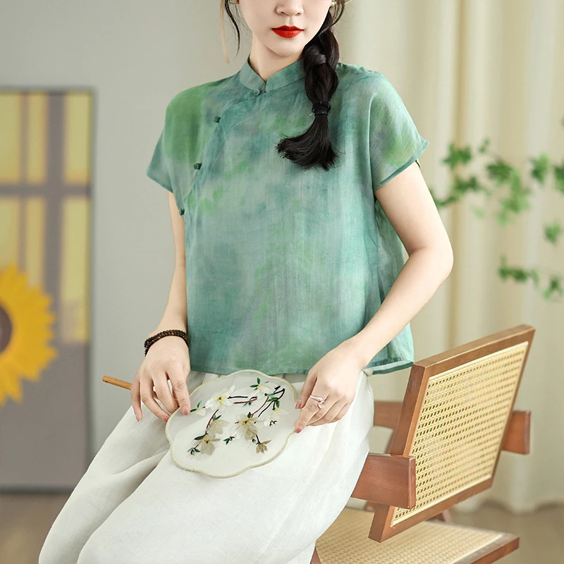 

Women's Summer Lightweight Flax Shirt Printed Slim Fit Short Sleeve Stand Collar Traditional Tang Costume Top Fashion Commute...