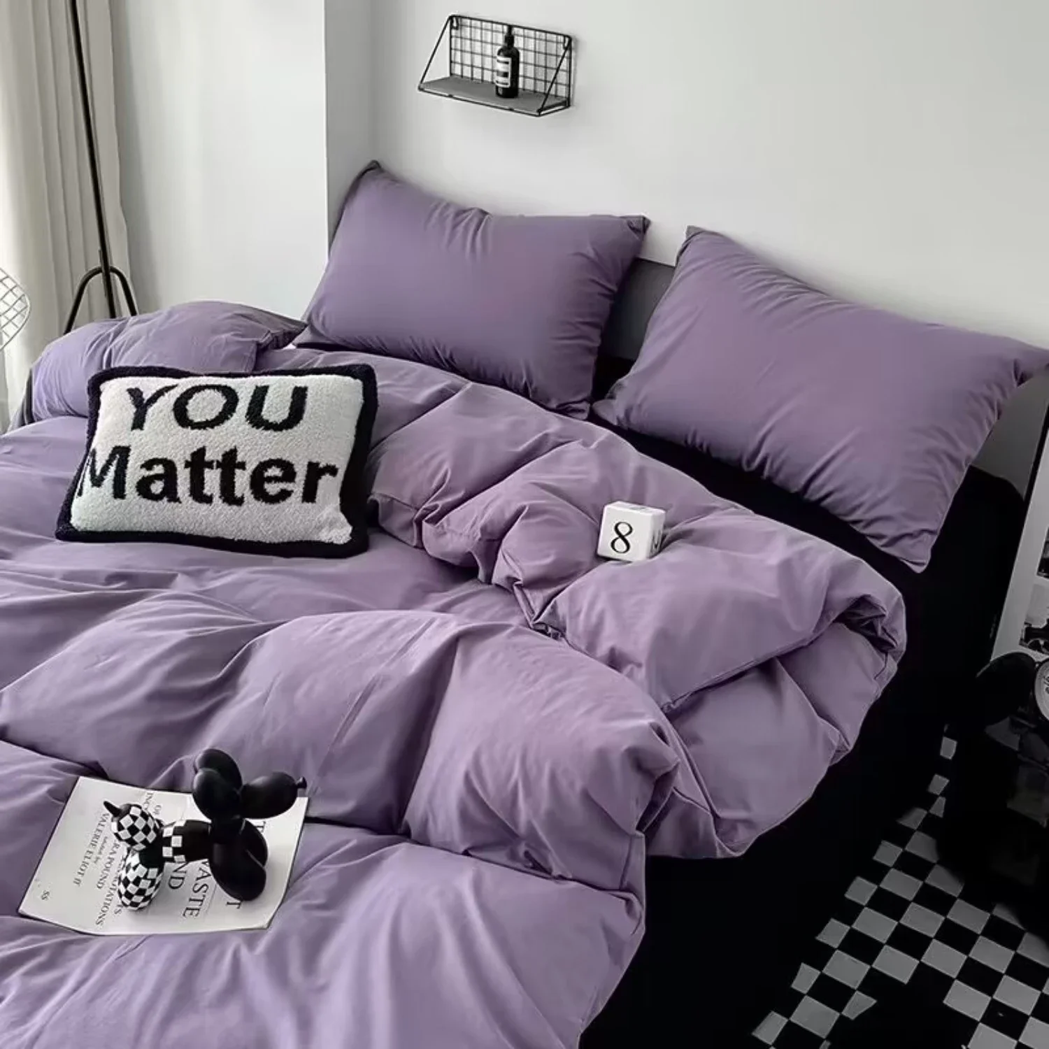 Comfortable Purple Korean Bedding Set with Soft Black Bed Sheet and Pillowcase for Twin Full Queen Size Beds - Stylish and Cozy