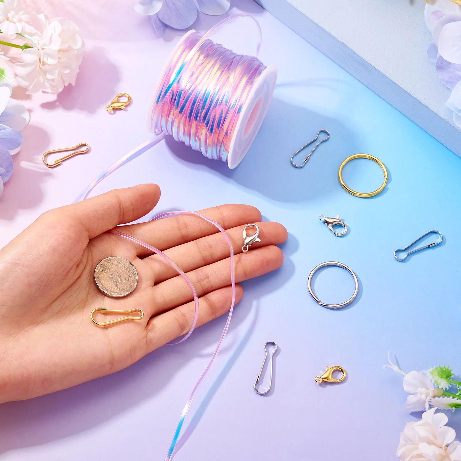 3mm Flat PVC Laser Cord for DIY Key Chain Jewelry Making Kits with Iron Split Key Rings & Key Clasp Alloy Lobster Claw Clasps