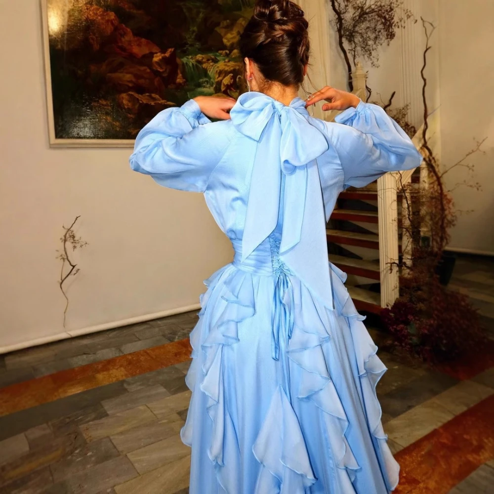 Light Blue Chiffon A Line Women Evening Dress Classy High Neck Romantic Ruffles Prom Gown Customized Simple Fashion Party Wear