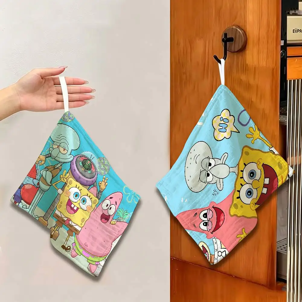 Anime S-SpongeBob Polyester Cotton Hanging Kitchen Towel, Skin Friendly Hand Wiping Towel for Hotel Cafe Household