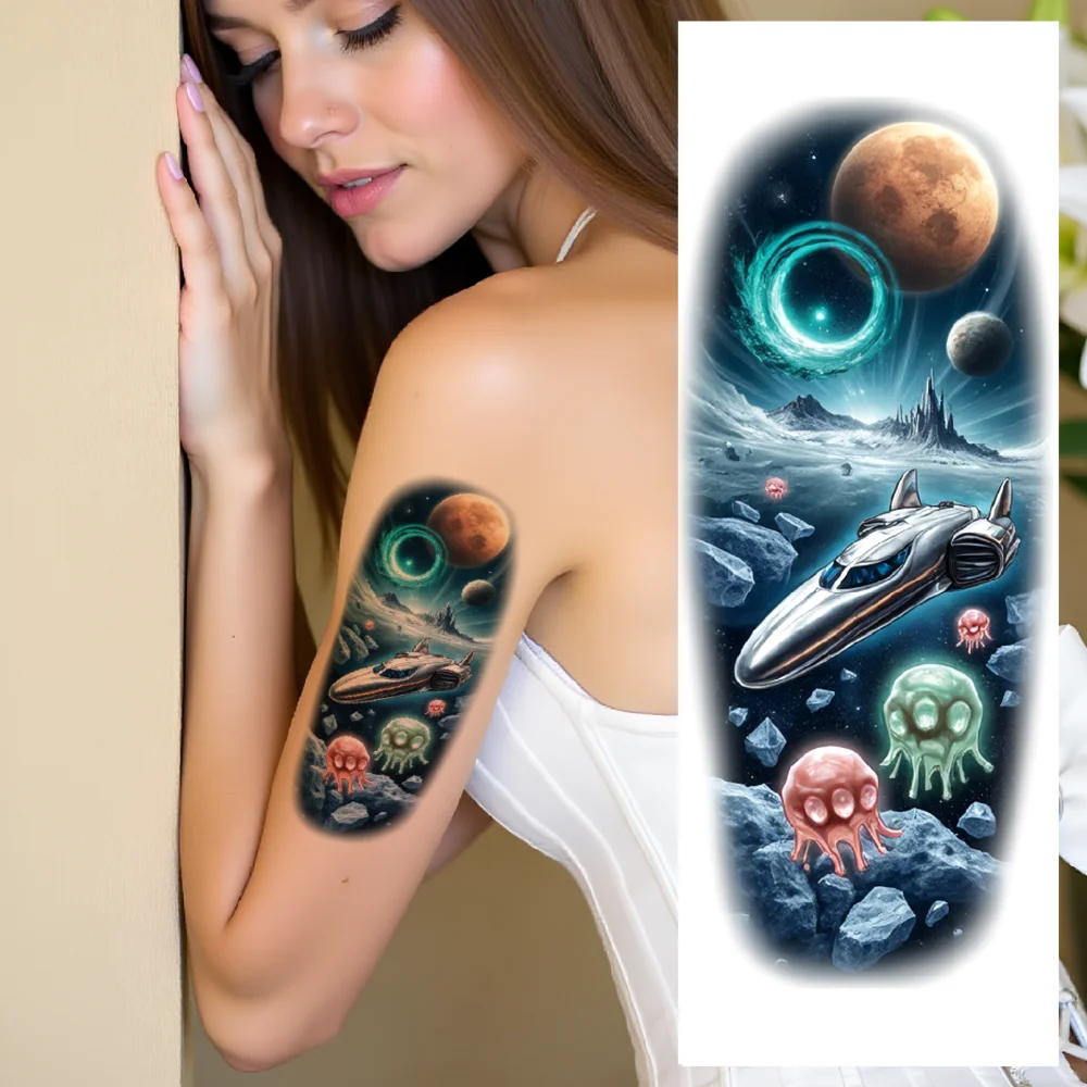 

12pcs Temporary Tattoo Colorful Realism Spacecraft Galaxy Black Hole For Women Shoulders Arms