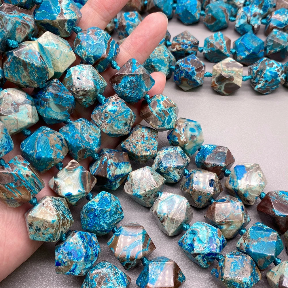 One Strand 17x19mm Blue Jasper Agate Hand Cut Faceted Nugget Loose Beads 15.5