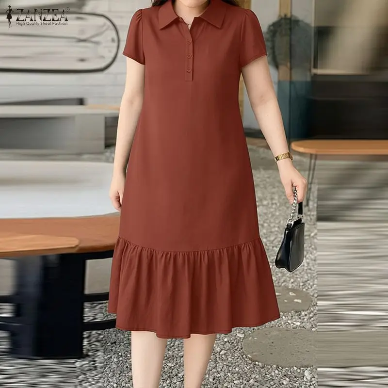2026 Sommerkleid Stilvolle Urlaubskleider ZANZEA Damen Elegantes Kurzarm-Kleid mit Reverskragen Lässiges Einfarbiges OL Arbeitskleid