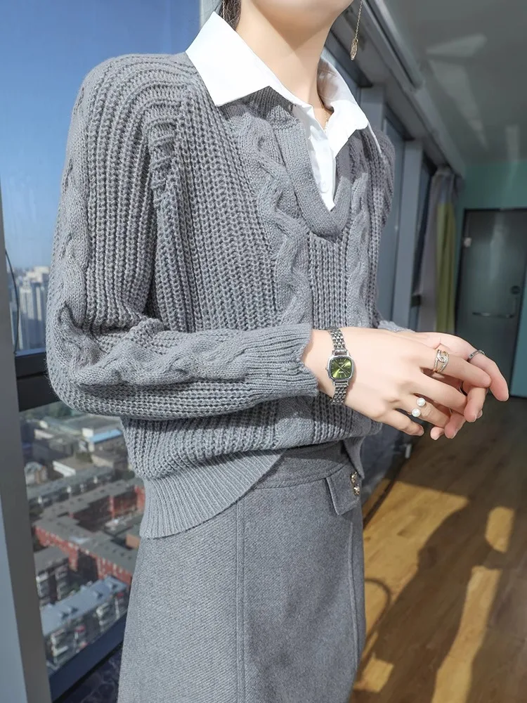 

Autumn Winter Layering irt Sweater Pure Color Loose Slimming Outerwear Knitted Top Fake Two-Piece Ne Long Sve