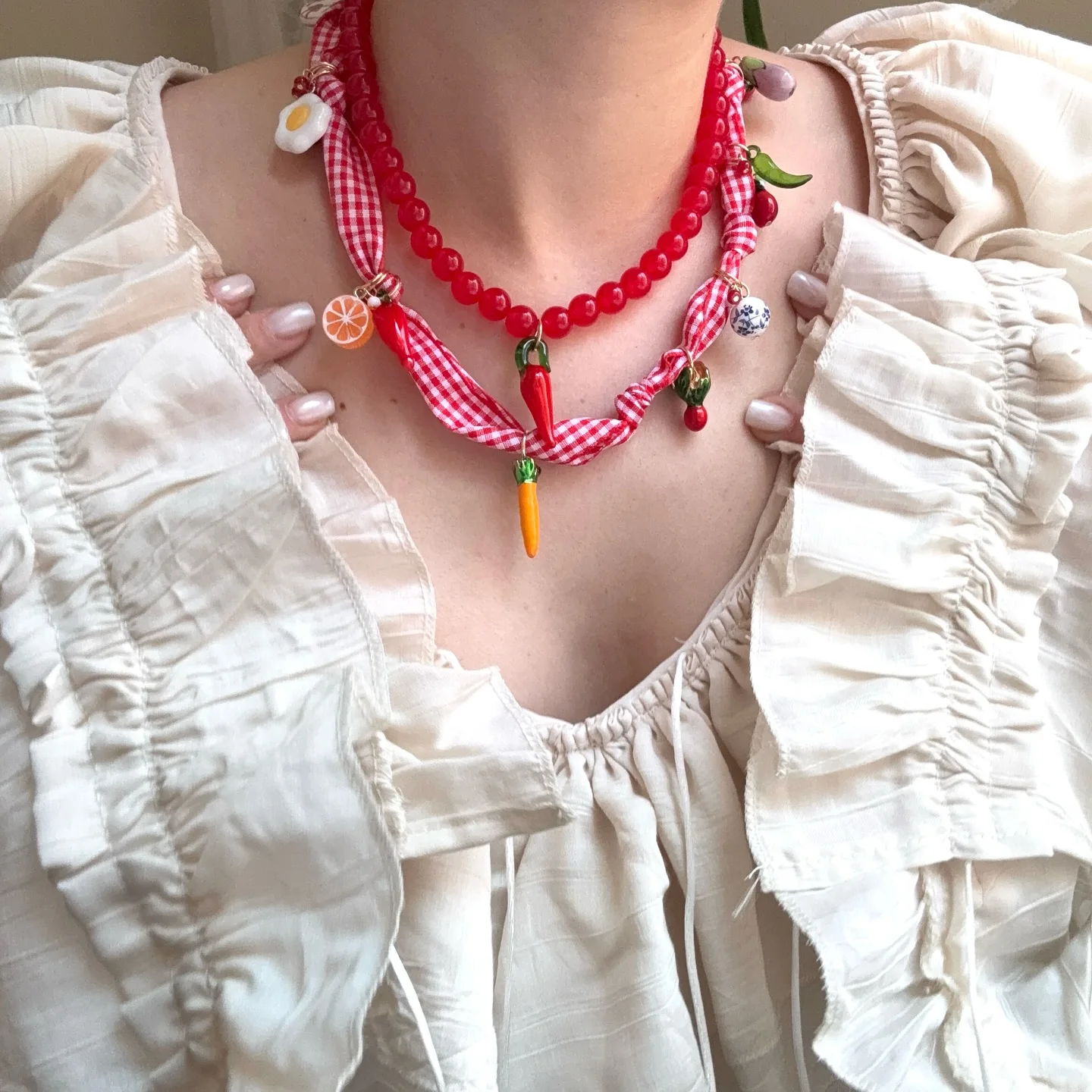 

ZAA 2 Layer Red Chili Strawberry Beads Necklace For Women Rural Vintage Style Summer Vacation Charm Jewelry Sweet Gift For Girls