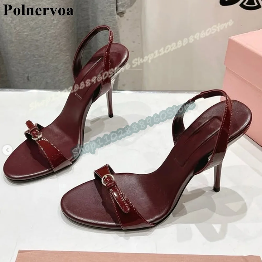 

Burgundy Slingback Leather Buckle Strap Sandals Stilettos High Heel Women Shoes Back Strap Open Toe Sexy Elegant Party Sandals