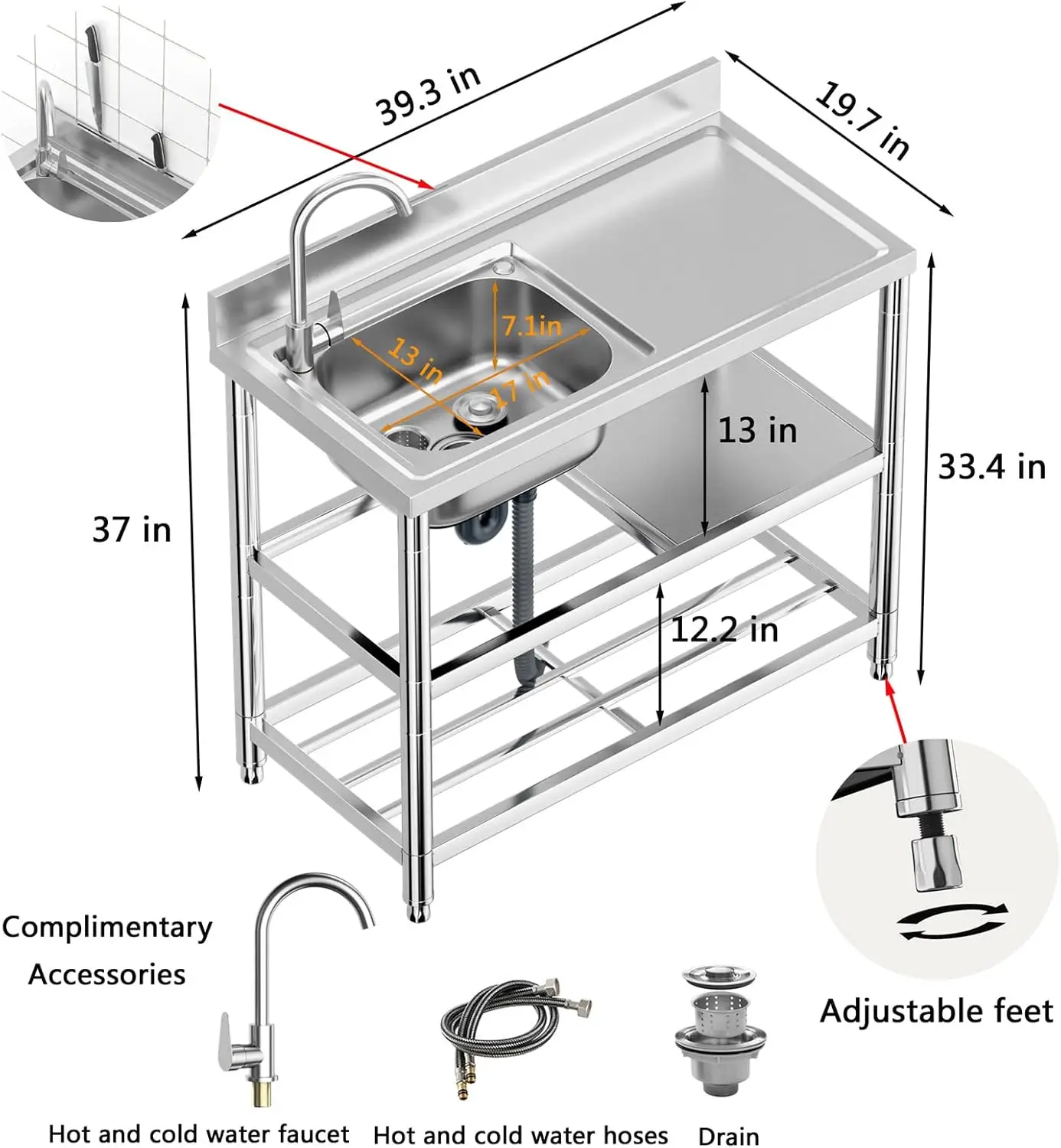 Restaurant Kitchen Sink Set w/Faucet & Drainboard, Prep & Utility Washing