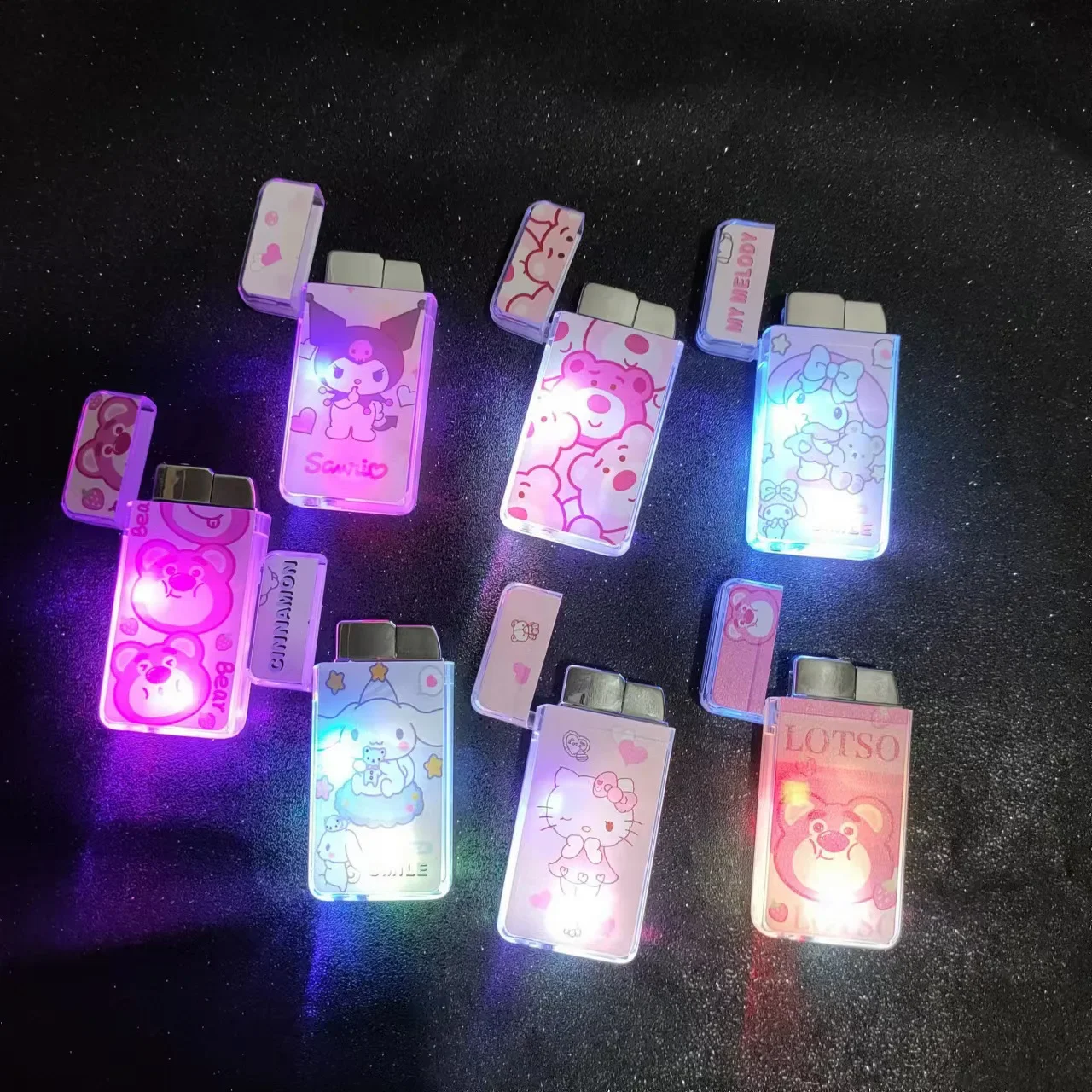 Kawaii Kuromi Pink Flame Lighter Creativity Strobe Light Igniter Hello Kitty Lighter Cinnamoroll Melody Girl Smoking Accessories