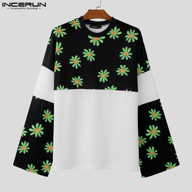 2024 INCERUN New Men's Casual Long Sleeve Tops Handsome Male Floral Printing T-shirts Colorblock Round Neck Loose Commuting Tees image 4