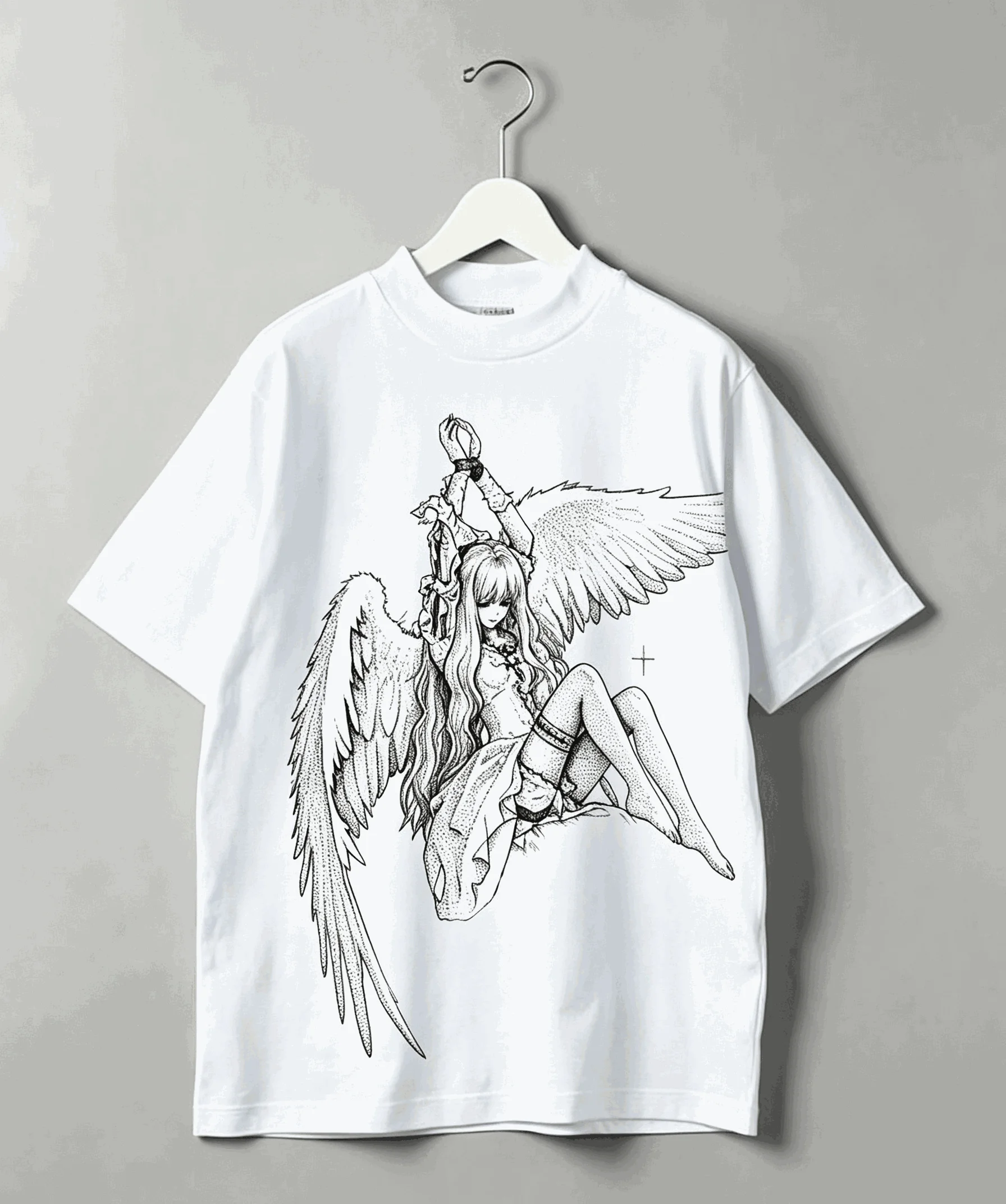 Fallen Angel Printed Cotton Neutral O-Neck Short Sleeve Streetwear Trendy Cotton Oversized Unisex Vintage Loose Breathable soft