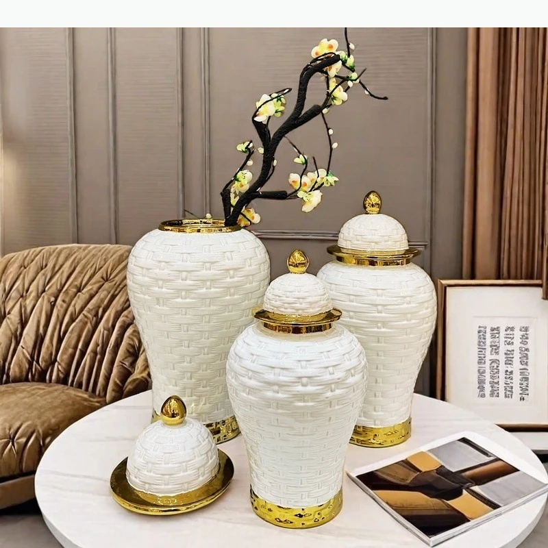 Ceramic Pot Jar Weave Pattern Ceramic Checkmate Jar Storage Flower Vase Home Decoration Accessories