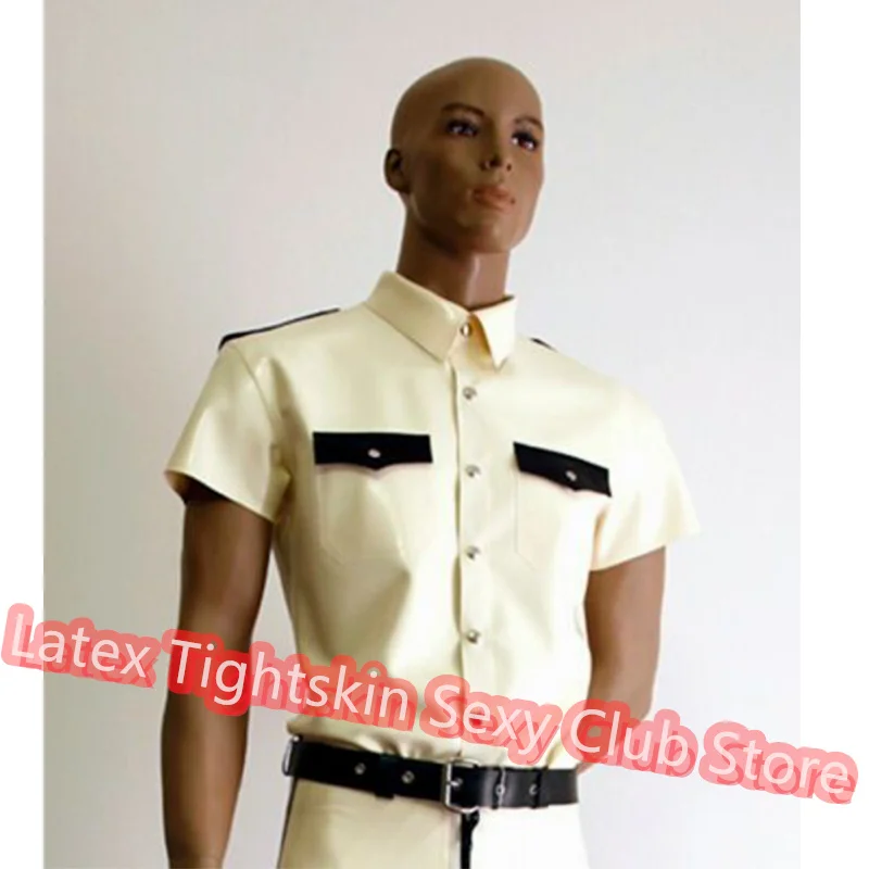 

Handmade Latex Men Sleeveless Shirt Man Sexy Tops Rubber Tank Vest with White Trim Cosplay Costume