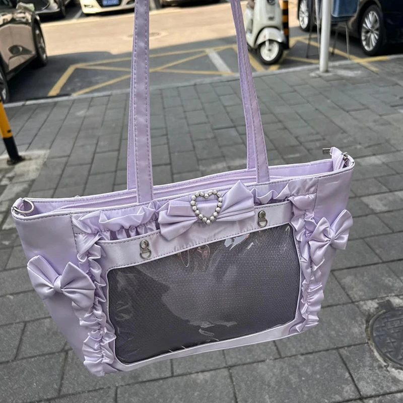 Ita-Tasche mit Klarsichtfenster für Abzeichen, Pins und Puppen, Japanische Süße Niedliche Satin-Schleife mit Spitzenbesatz, Große Kapazität Handtasche – Detail 13