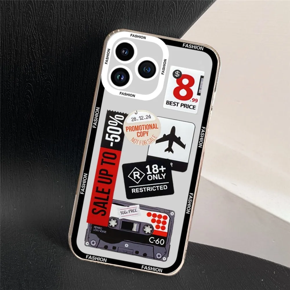 Mix Funny Labels Collage Stickers Aesthetic Phone Case For iPhone 11 12 Mini 13 14 15 Pro Max Transparent Shell