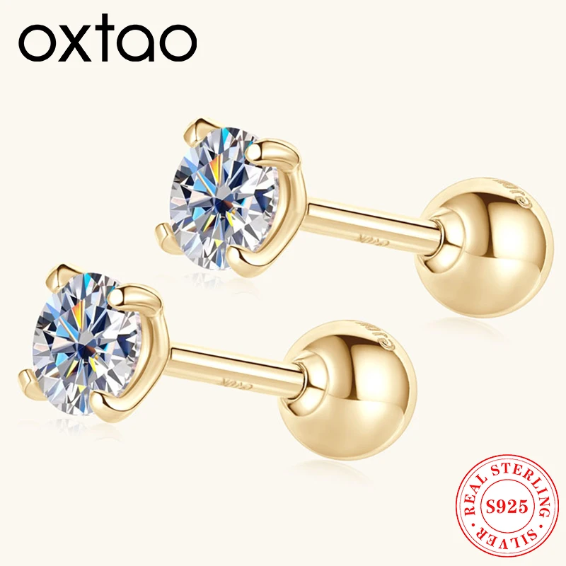 

OXTAO Real 10K Gold 4mm Moissanite Stud Earrings for Women Sparkling Solitaire Stone Piercing Earring Fashion Jewelry Gift