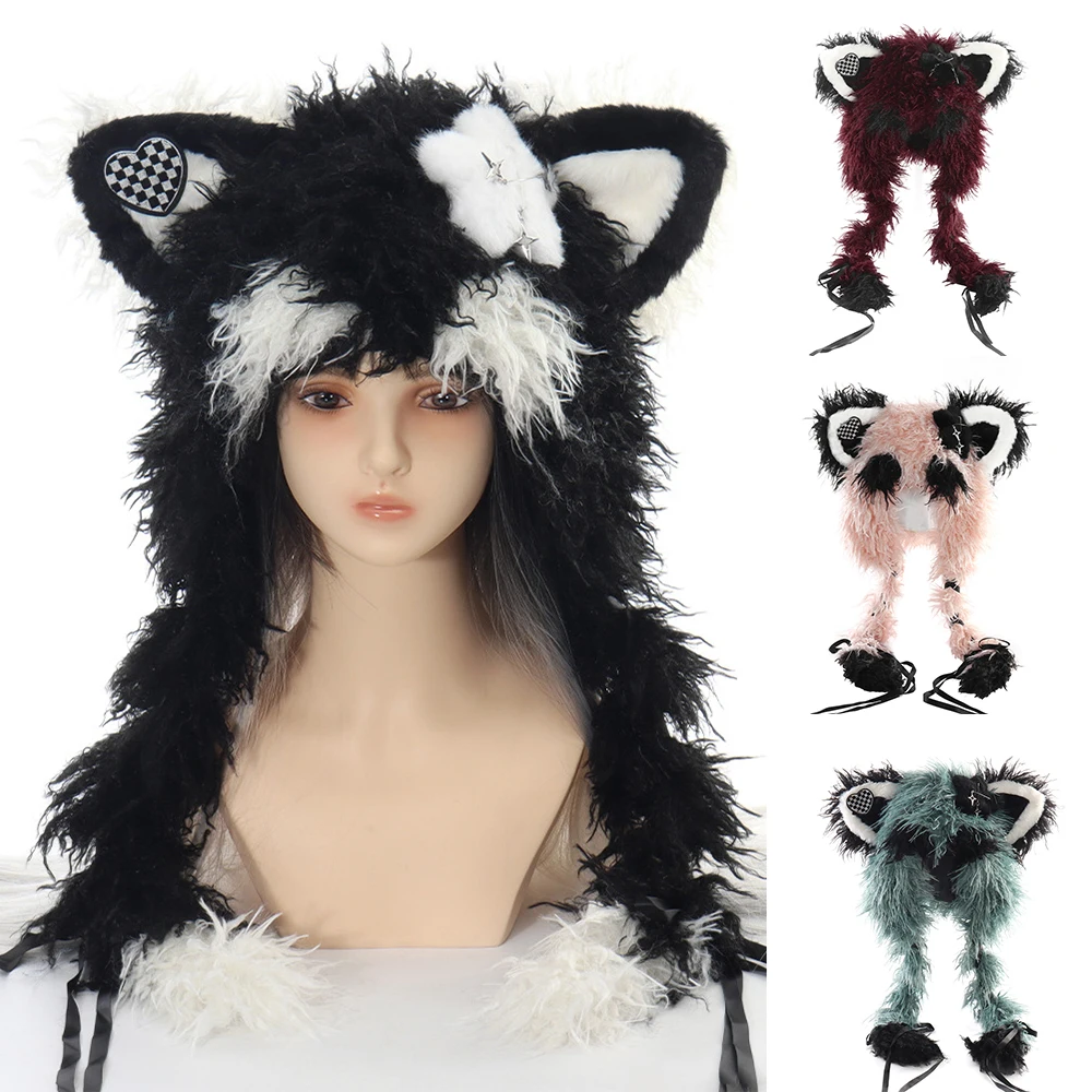 Long Plush Cat Ear Hat Fox Ear For Girls Double Braid Caps Cute Lolita Women Fall Winter Knit Cap Y2K Anime Cosplay Accessories
