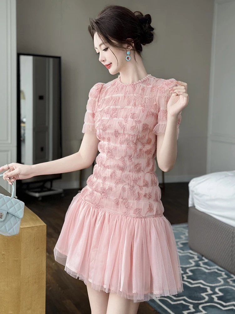 Ropa de mujer malla dulce Rosa bordado manga corta ajustado cola de pez Mini Vestido corto elegante fiesta graduación Vestidos noche verano