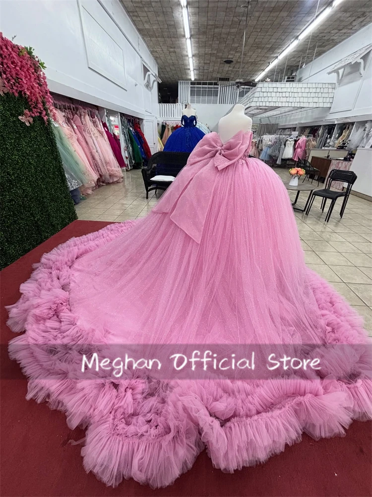 Roze Glanzende Quinceanera Jurken Uit De Schouder Kant Kralen Boog Tiered Tull Party Verjaardag Sweet 16 Jurk Vestidos De 15