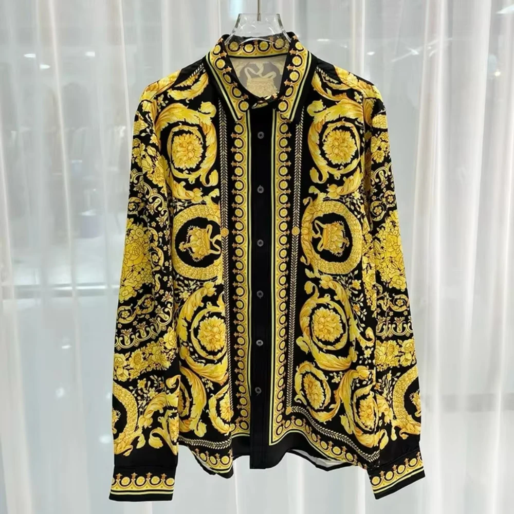 

Men's Luxury Baroque Print Shirt, Long Sleeve Button Down, Vintage Floral Medusa Pattern, High Street Fashion for Daily Wear
